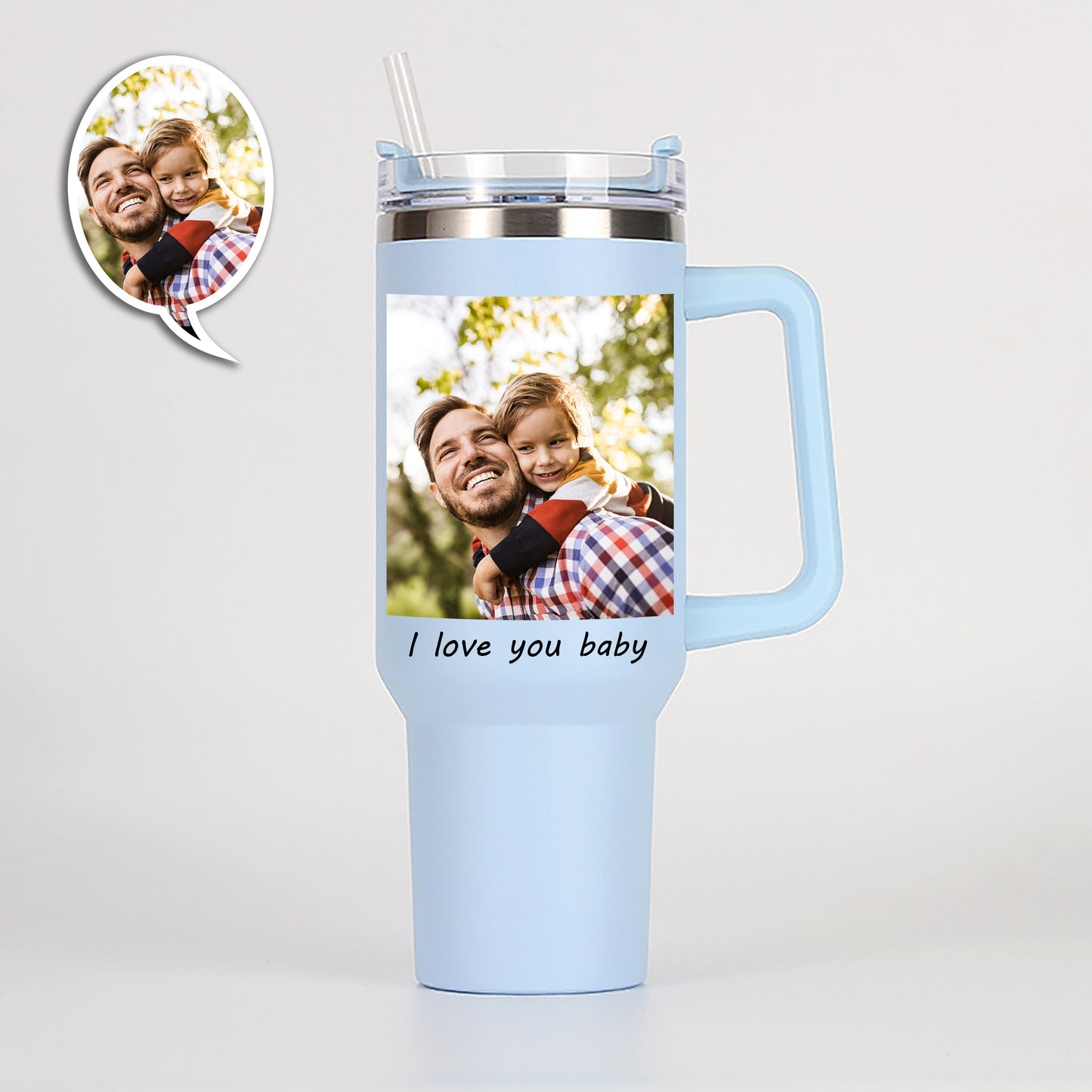 Custom Photo Stainless Steel Tumbler - Insulated Cup with Handle & Straw