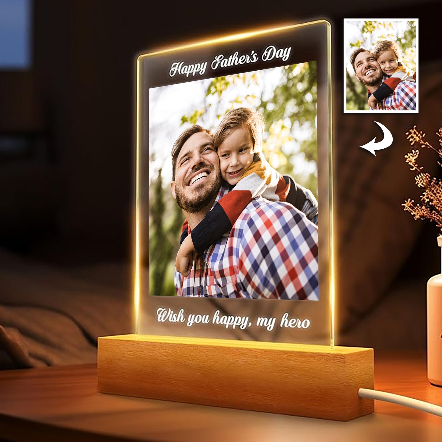 Custom LED Photo Light on Wooden Base – Personalized Acrylic Night Lamp
