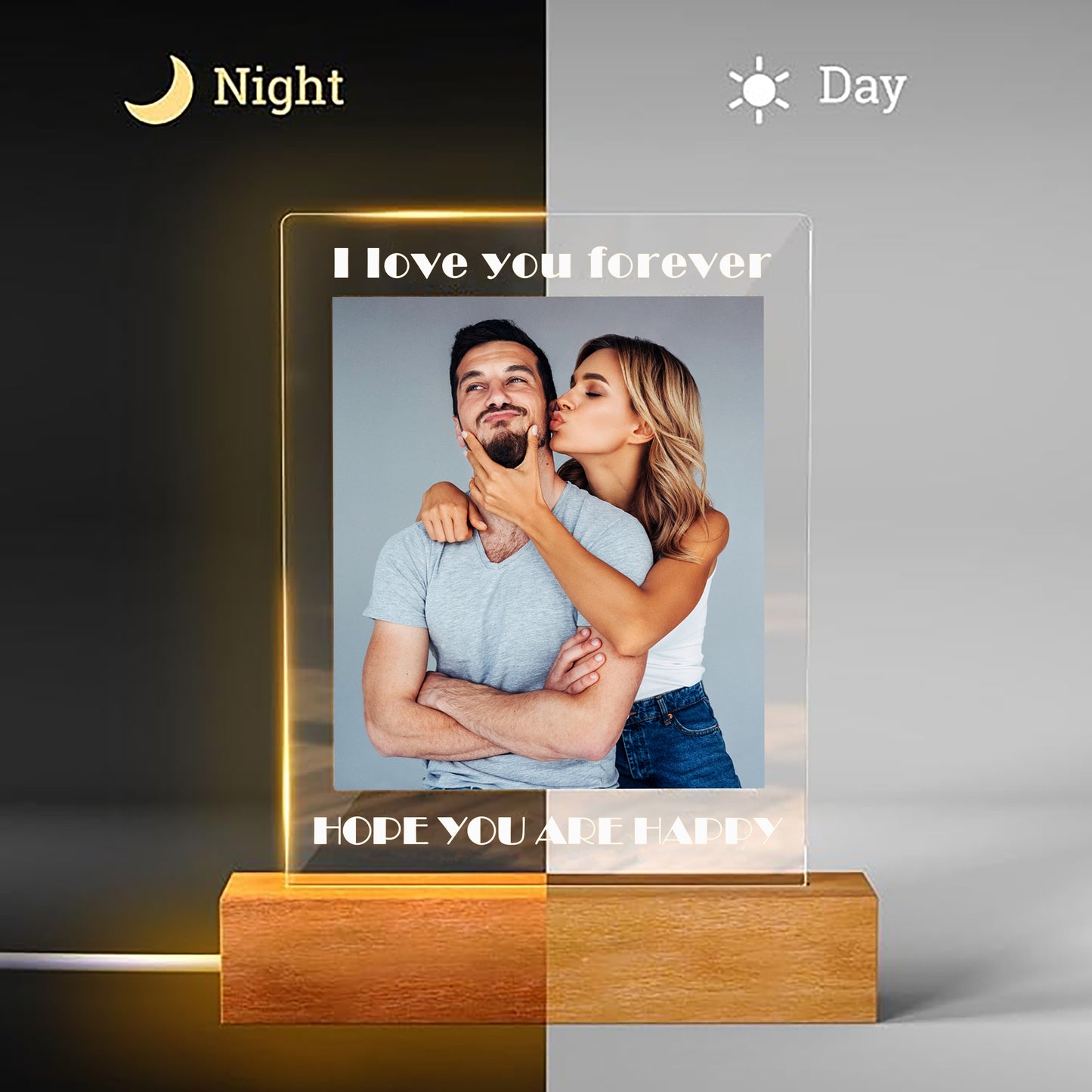 Custom LED Photo Light on Wooden Base – Personalized Acrylic Night Lamp