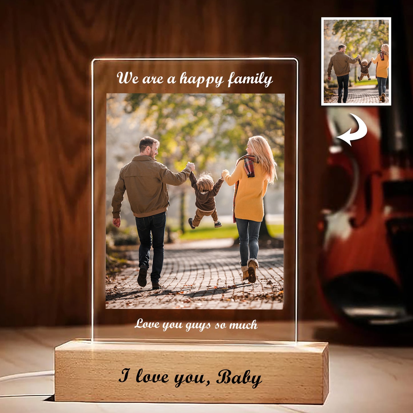 Custom LED Photo Light on Wooden Base – Personalized Acrylic Night Lamp