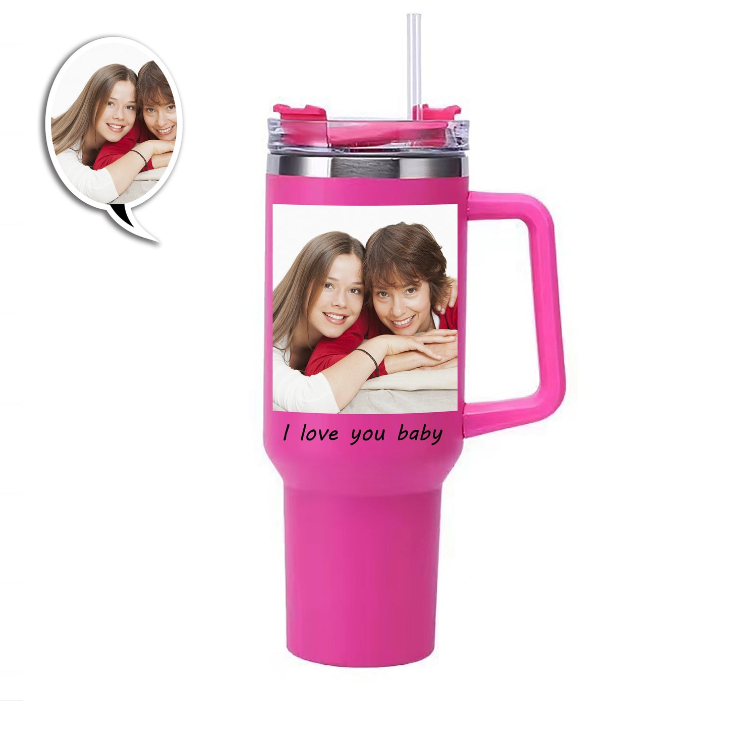 Custom Photo Stainless Steel Tumbler - Insulated Cup with Handle & Straw
