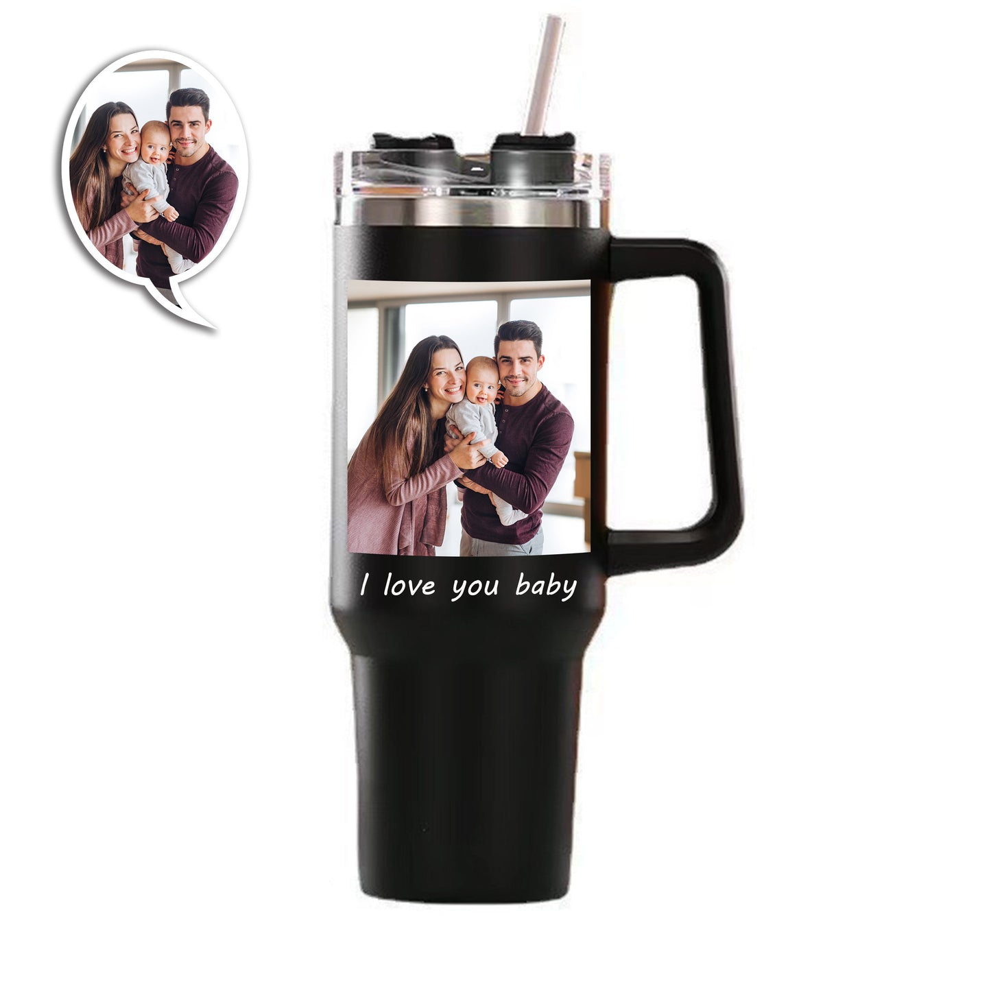 Custom Photo Stainless Steel Tumbler - Insulated Cup with Handle & Straw
