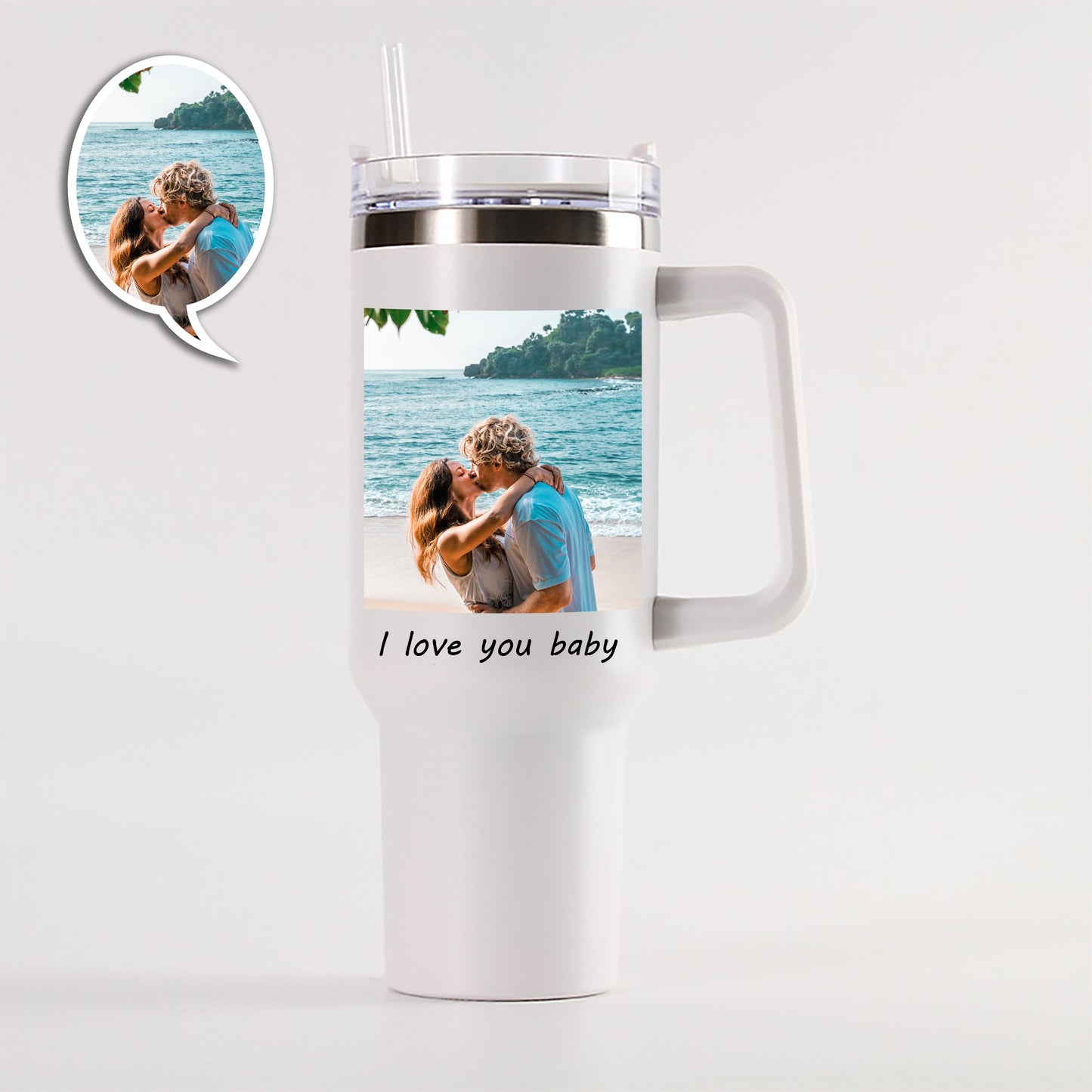 Custom Photo Stainless Steel Tumbler - Insulated Cup with Handle & Straw