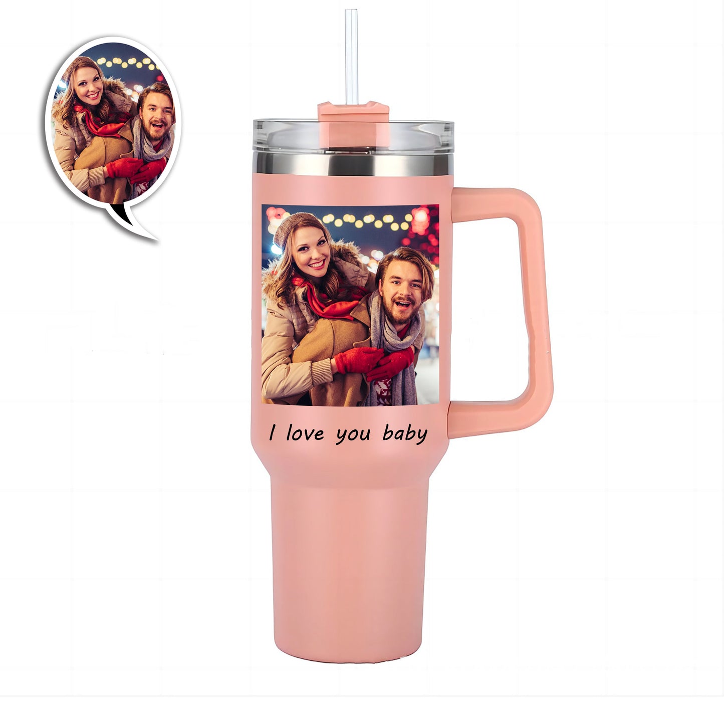 Custom Photo Stainless Steel Tumbler - Insulated Cup with Handle & Straw