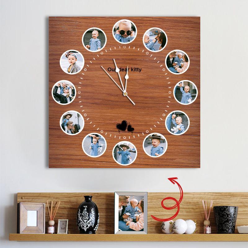 Custom Multi Photo Square Wall Clock Brown Wood Grain