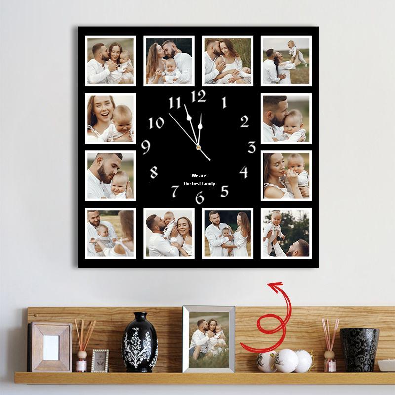 Custom Multi Photo Square Wall Clock Black Style