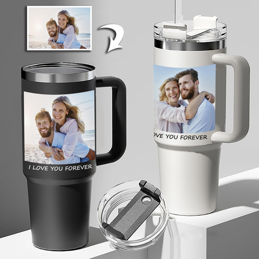 Custom Photo Stainless Steel Tumbler -  Insulated Cup with Handle & Straw