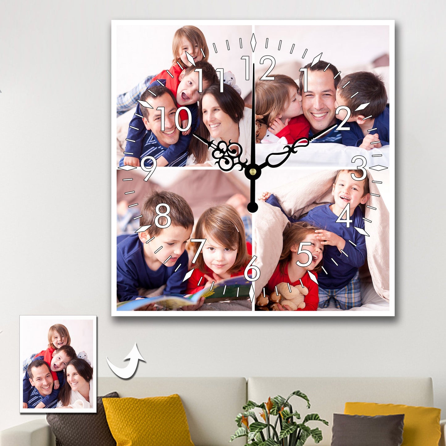 Personalized Photo Square Custom Wall Clock With 4 Photos