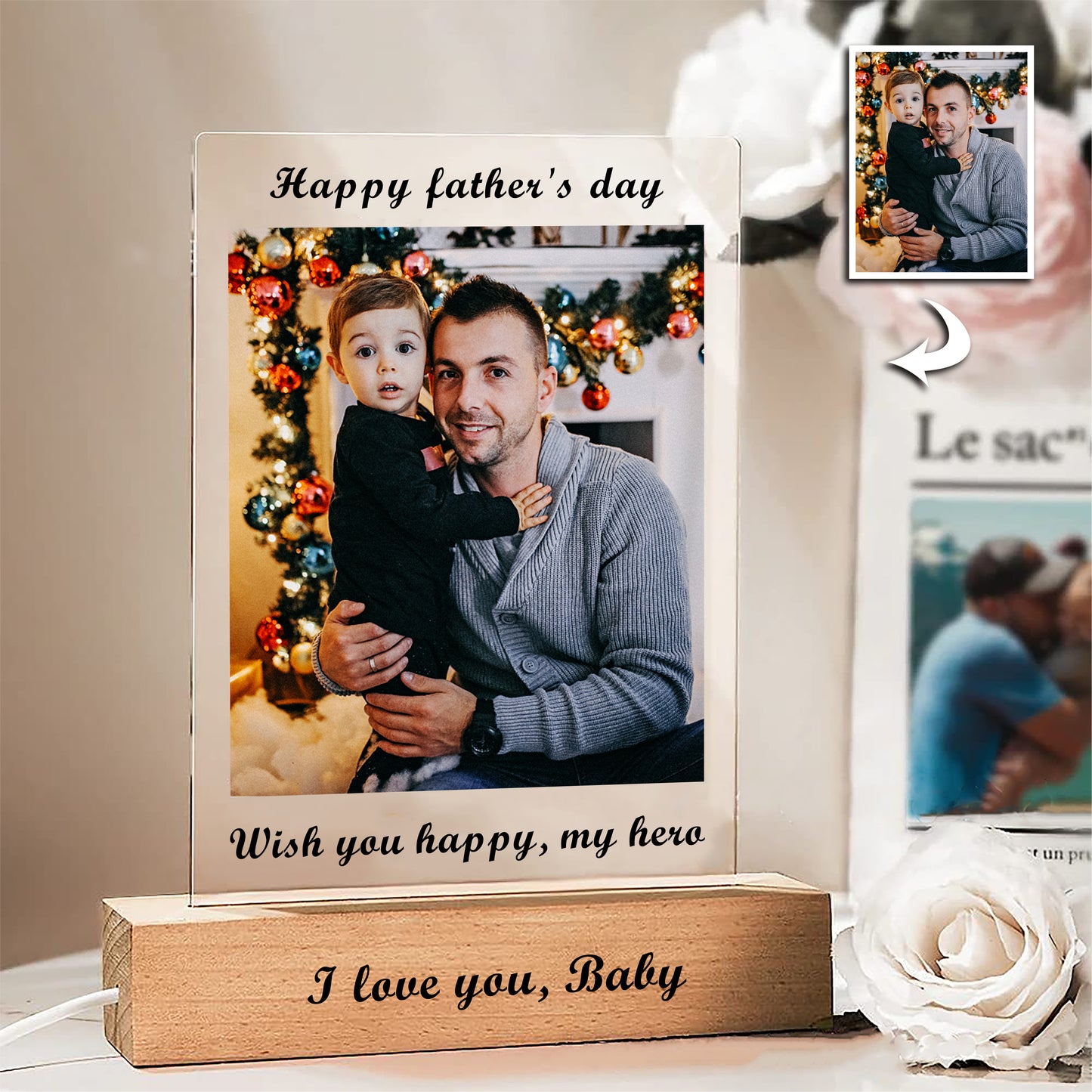 Custom  LED Photo Light on Wooden Base – Personalized Acrylic Night Lamp