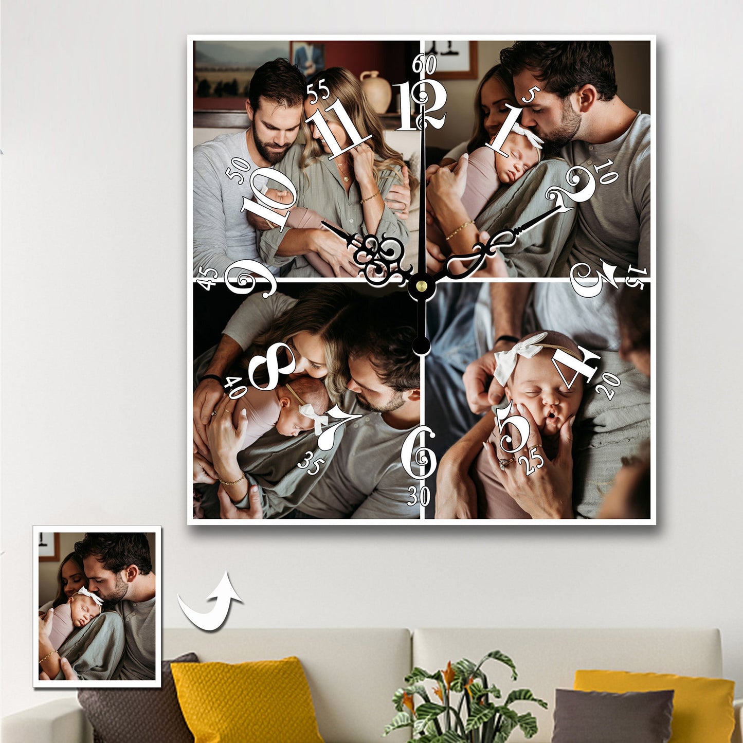 Personalized Photo Square Custom Wall Clock With 4 Photos