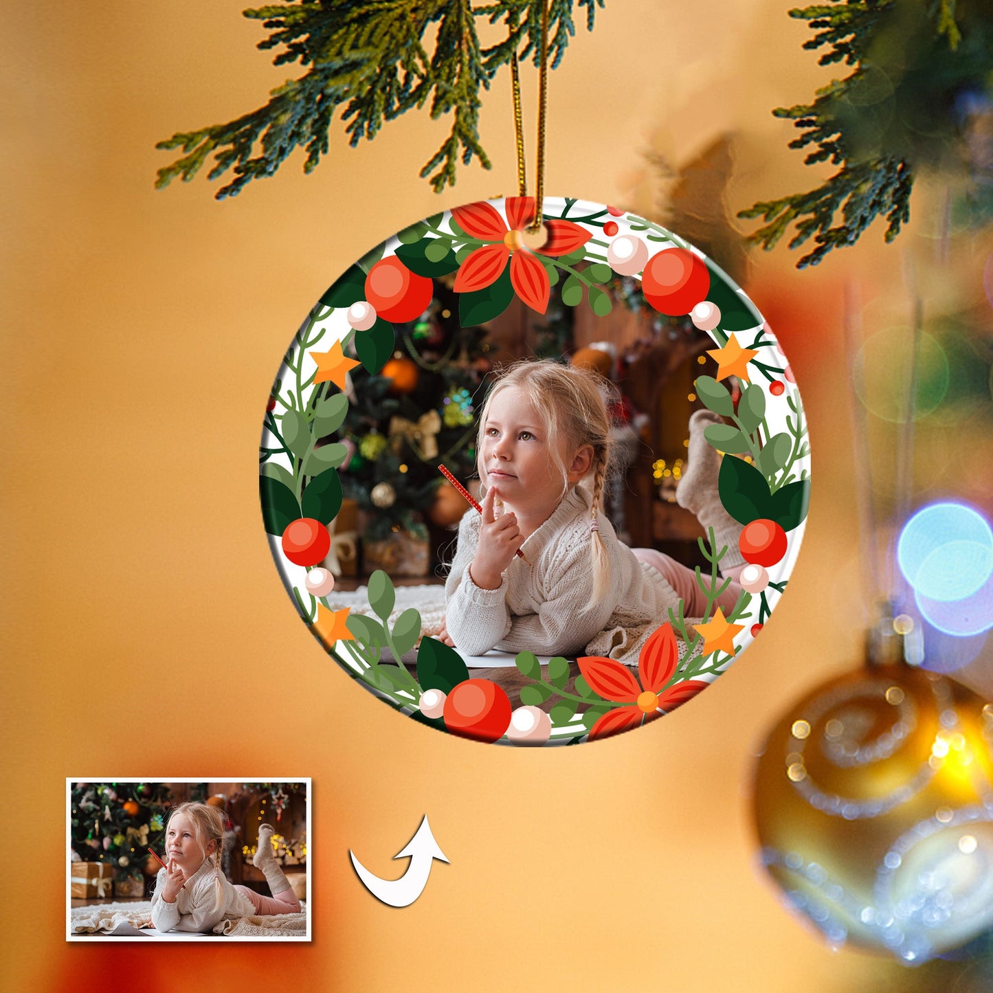 Christmas Custom Round Ceramic Ornament Photo Double-side Printed