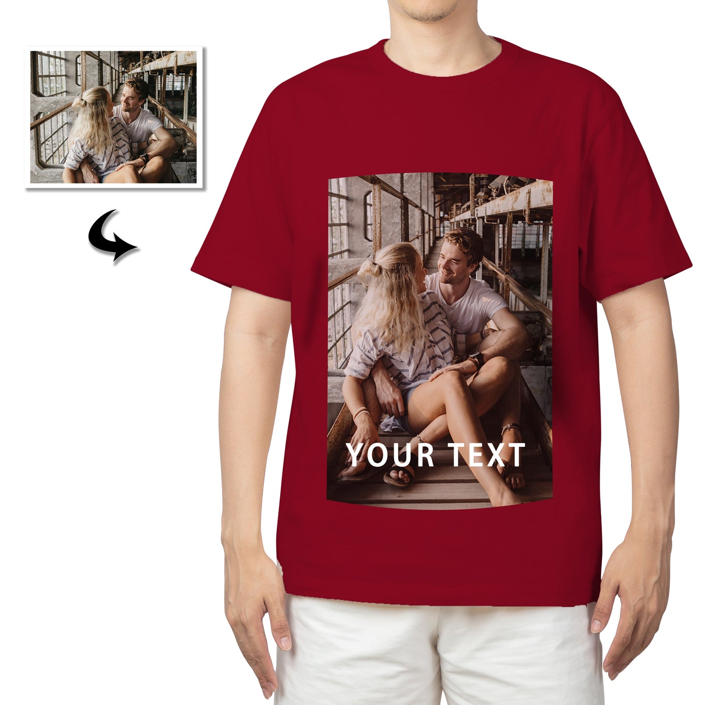 Customizable Unisex Cotton T-Shirt, Double-Sided Photo Print & Text