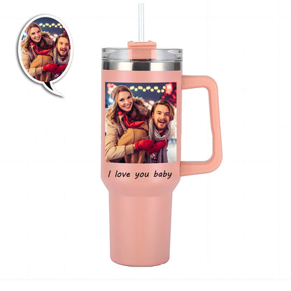 Custom Photo Stainless Steel Tumbler -  Insulated Cup with Handle & Straw