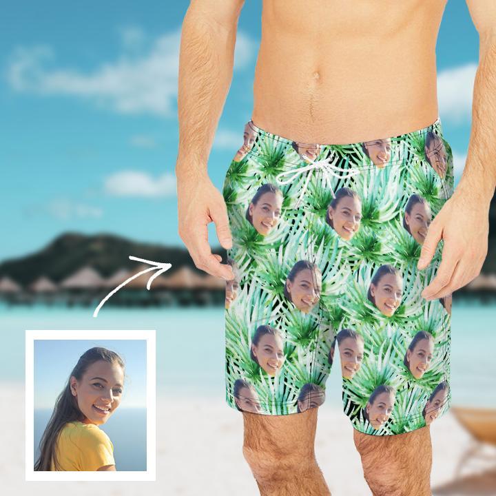 Custom Lady face Photo  Green Background  Beach Shorts