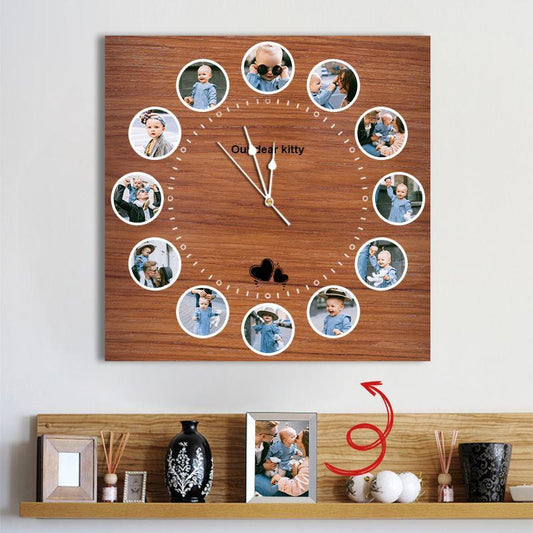 Custom Multi Photo Square Wall Clock Brown Wood Grain