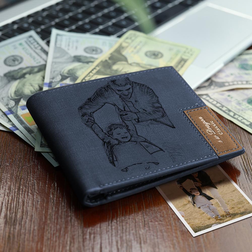 Men's Bifold Short Custom Photo Wallet Blue Leather - faceonboxer