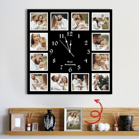 Custom Multi Photo Square Wall Clock Black Style