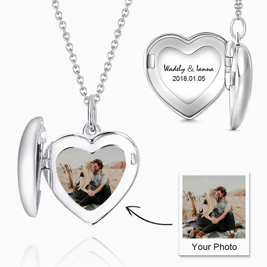 Women's Printing Photo Locket Heart Necklace Platinum Plated - faceonboxer