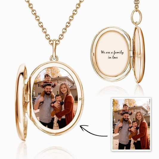 Oval Photo Locket Necklace With Engraving Rose Gold Plated - faceonboxer