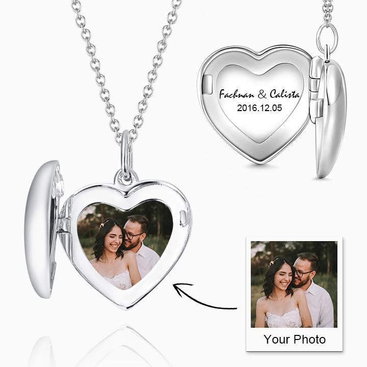 Women's Printing Photo Locket Heart Necklace Platinum Plated - faceonboxer