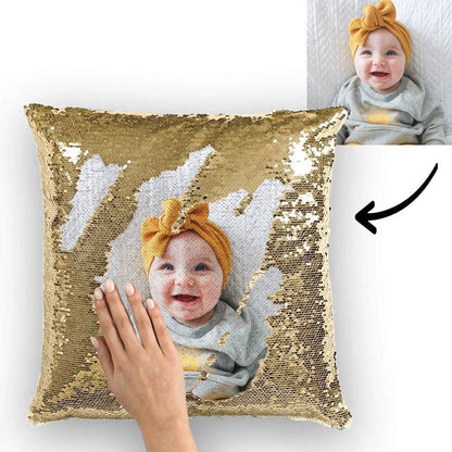Custom Baby Photo Magic Sequins Pillow Multicolor Shiny Mermaid Pillow 15.75"*15.75" - faceonboxer