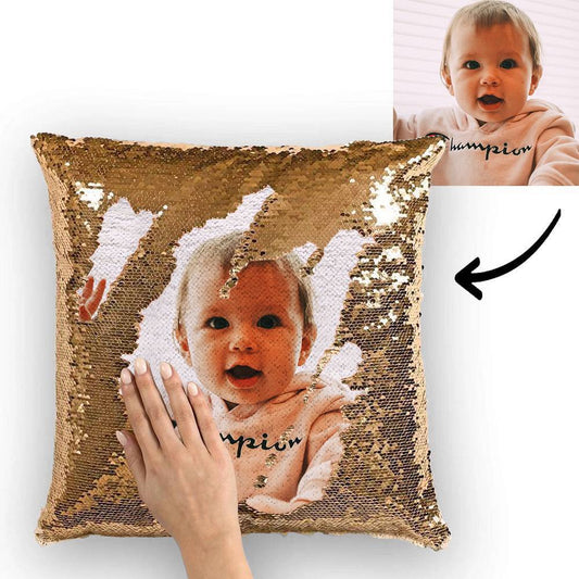 Custom Baby Photo Magic Sequins Pillow Multicolor Shiny Mermaid Pillow 15.75"*15.75" - faceonboxer