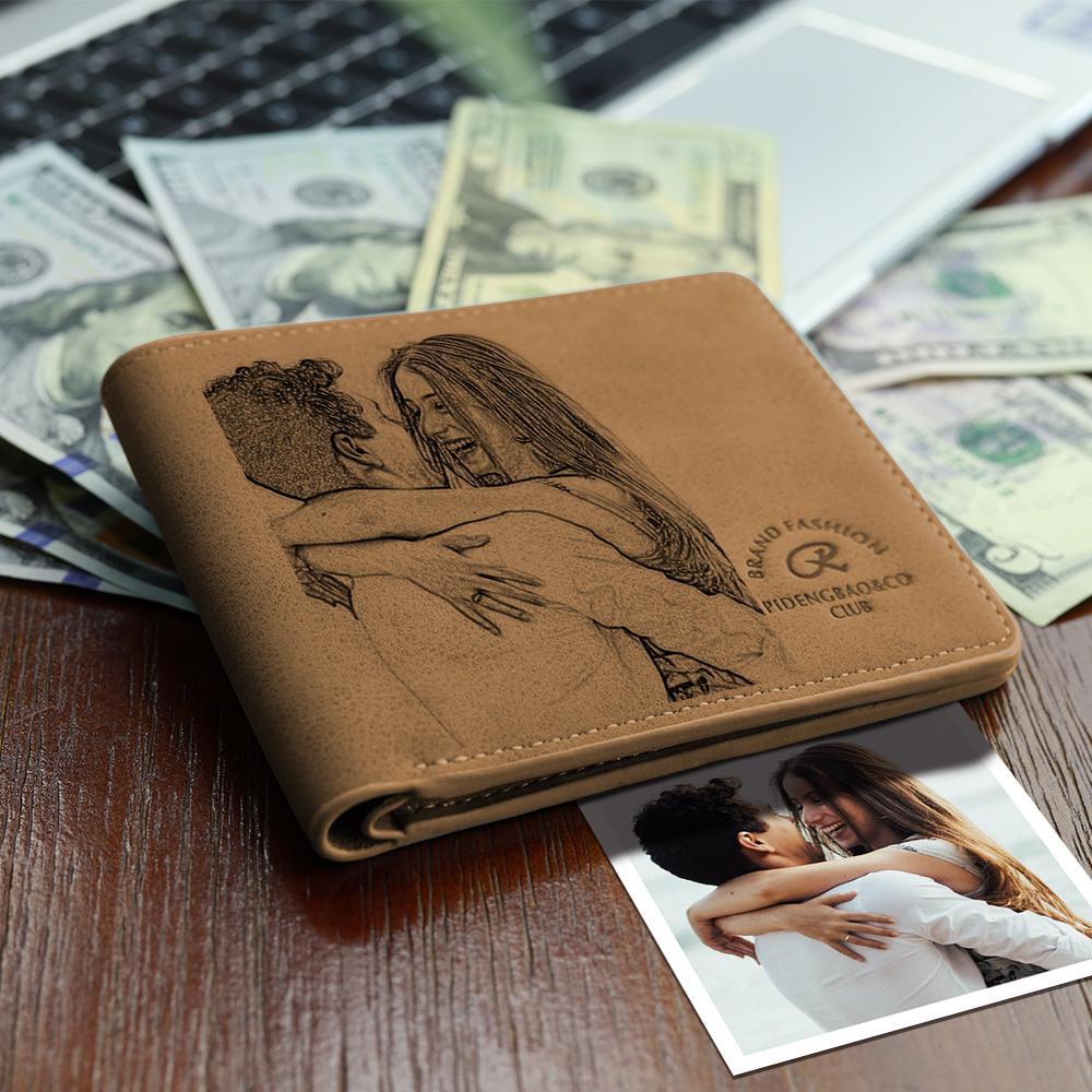 Meaningful Gifts Men's Custom Photo Wallet - Light Coffee Leather - faceonboxer