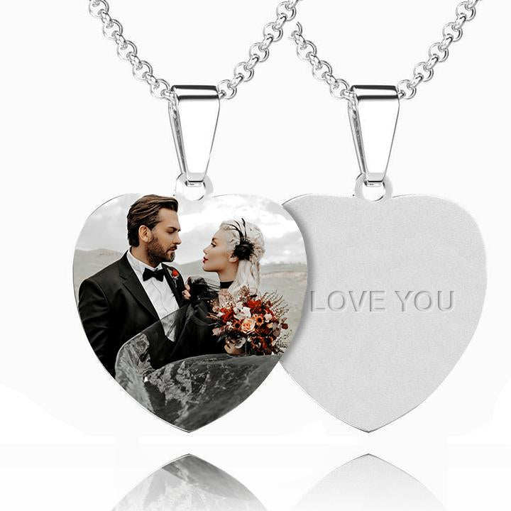 Women's Heart Photo Engraved Tag Necklace With Engraving Stainless Steel - faceonboxer